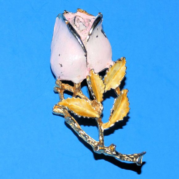 Jewelry Vintage Pink Rose Brooch Pin Enamel Leaves Floral Flower Stem